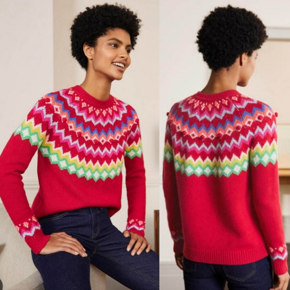 Boden Vibrant Red Sweater with Colorful Zigzag Design